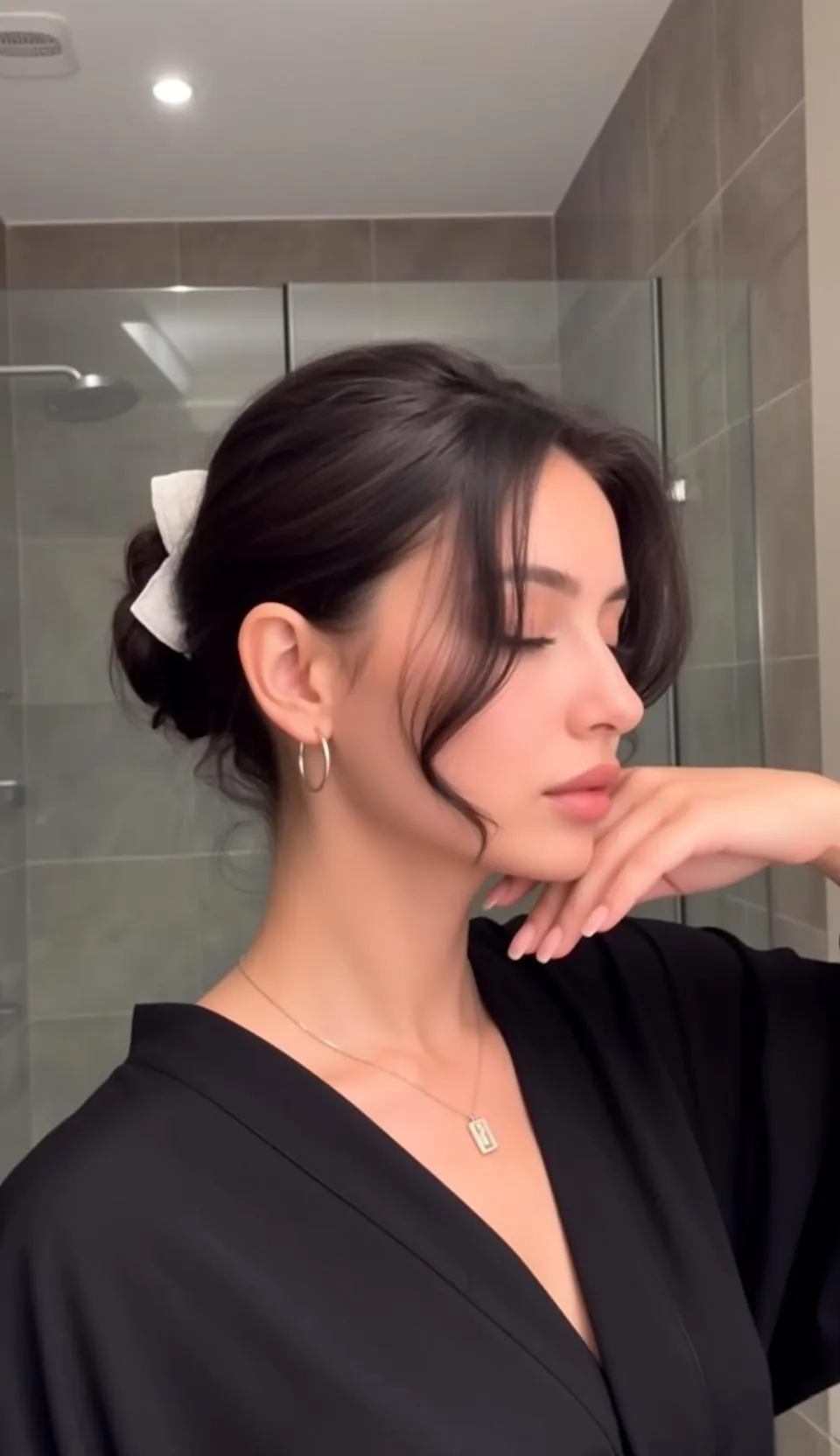 Hair Salon Young Dark Brown Pulled Back