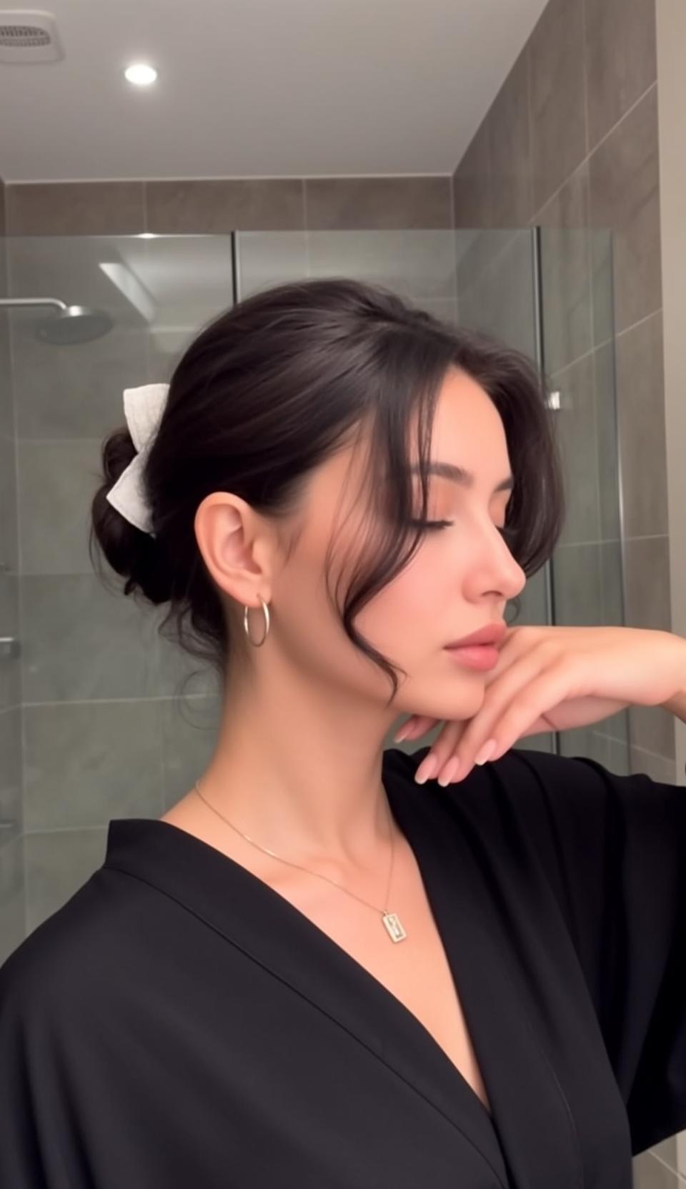 Hair Salon Young Dark Brown Pulled Back
