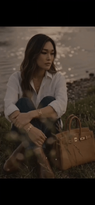 Grassy Bank Sunset Contemplative Pose White Linen Shirt