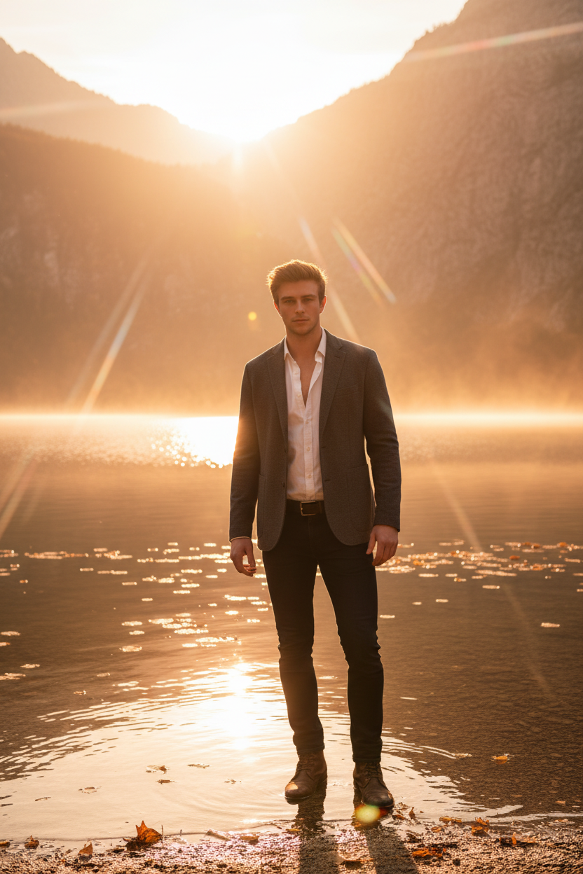 A man in a charcoal-gray jacket standing at a tranquil lake during golden hour, surrounded by mist and glowing cliffs.