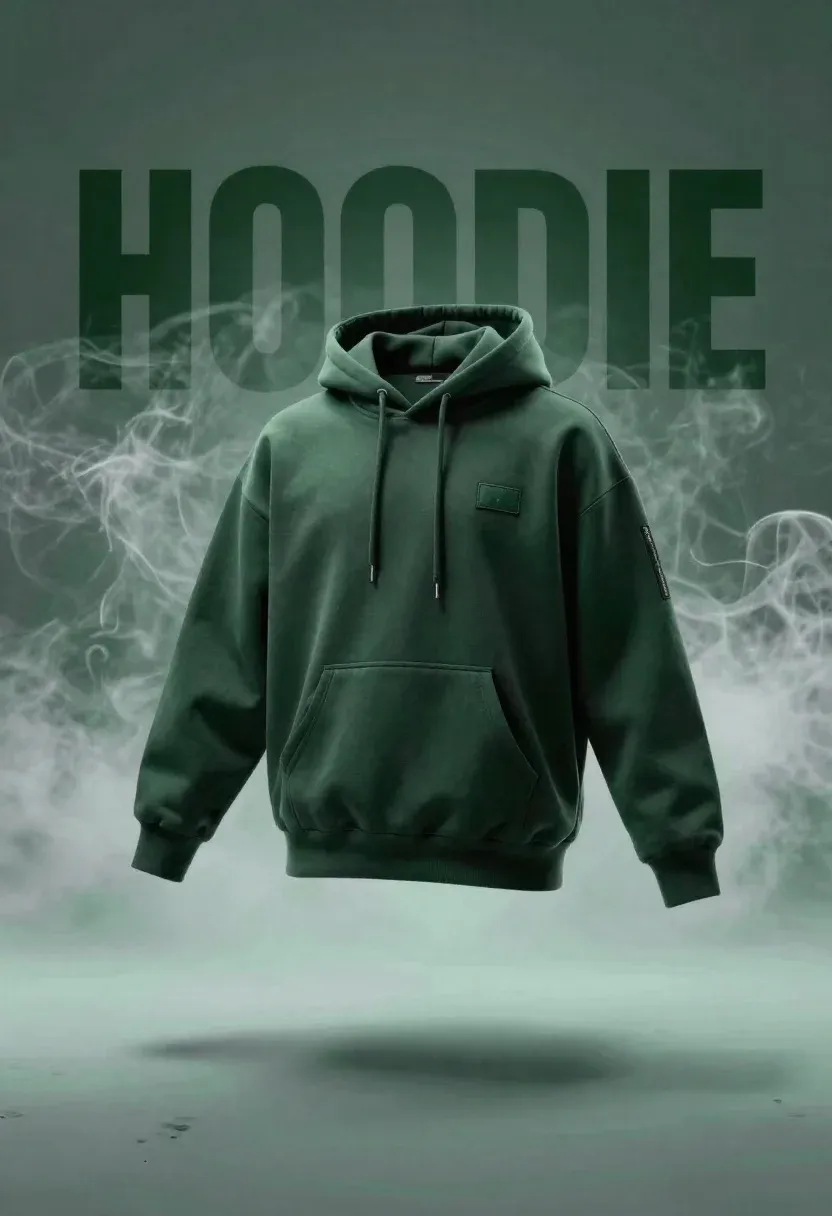 Dark Green Hoodie Floats Mid-air Against Moody Smoky Backdrop Subject