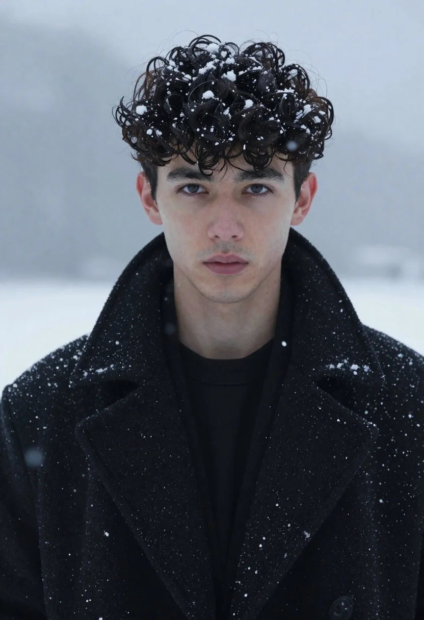 Close-up Portrait Young Man With Dark Curly Hair Dusted With