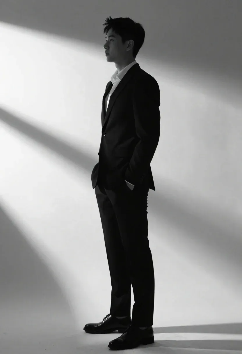 Black And White Studio Portrait Confident Man Profile Against Seamless