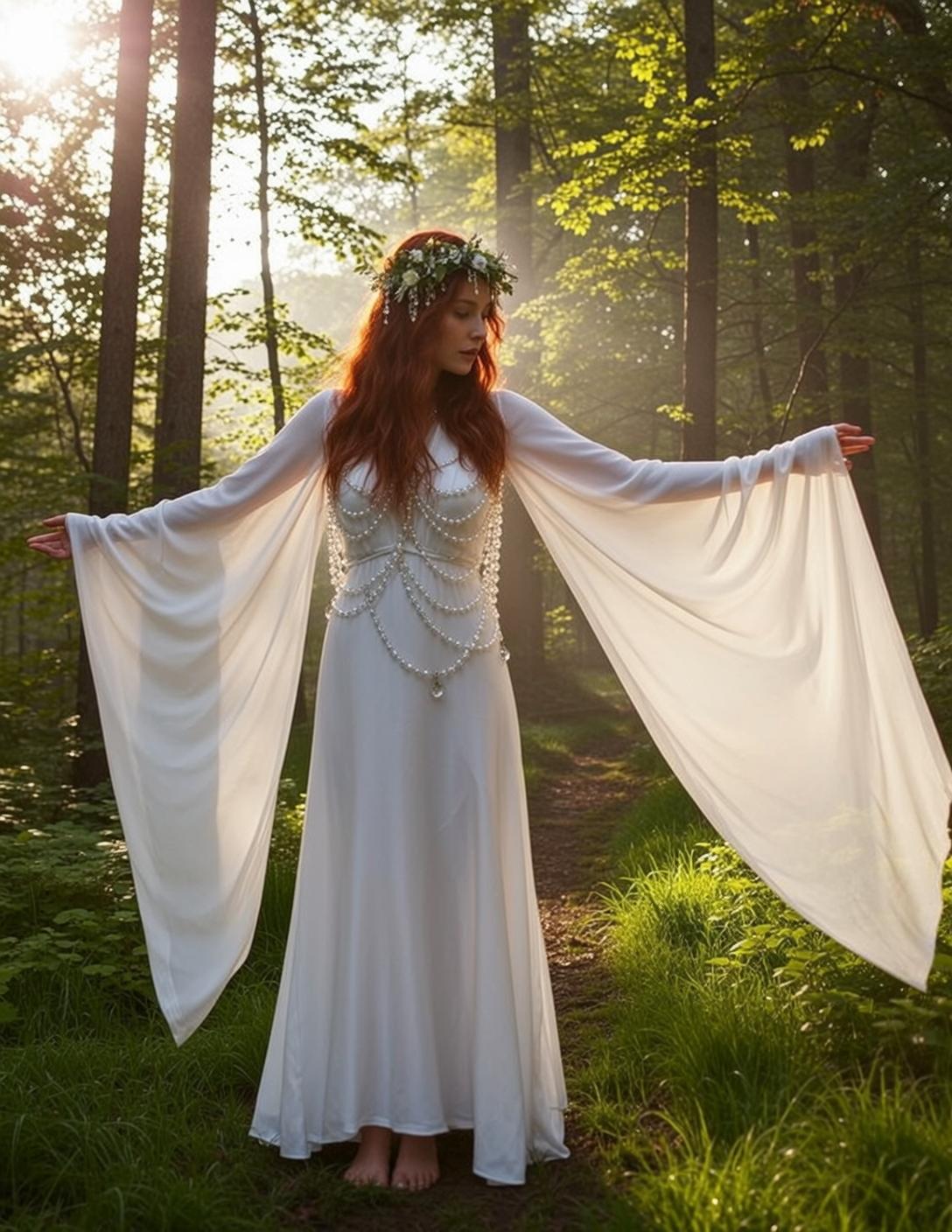White Flowing Pearl Embellishments and White Skirt on Forest