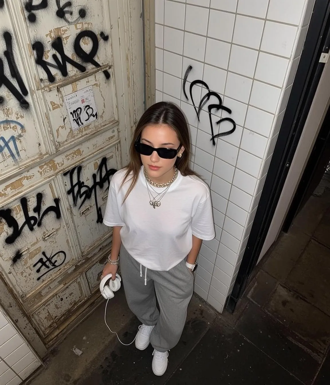 Sunglasses And Necklace And Bracelets In Urban Alleyway