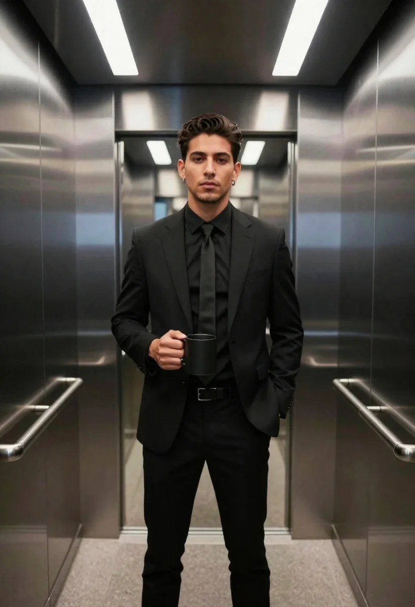 Polished Photo Stylish Man Standing The Center Modern Elevator With reference photo