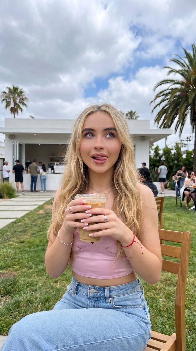 A woman seated on a wooden chair, holding a plastic iced coffee with a playful expression, surrounded by a lush café garden.