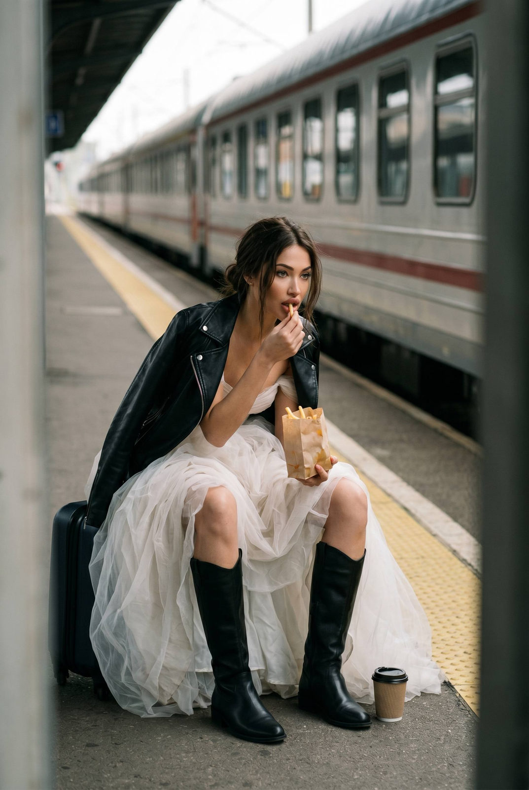 A woman in a messy wedding dress eating fries on a suitcase at a train platform.
