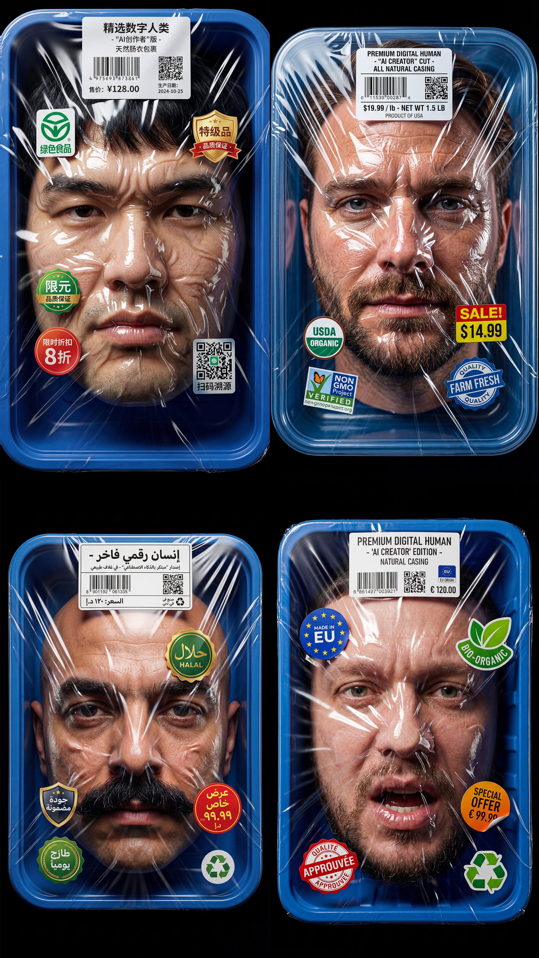 A sealed face under glossy plastic wrap inside a blue food container, showcasing detailed texture and intense lighting.