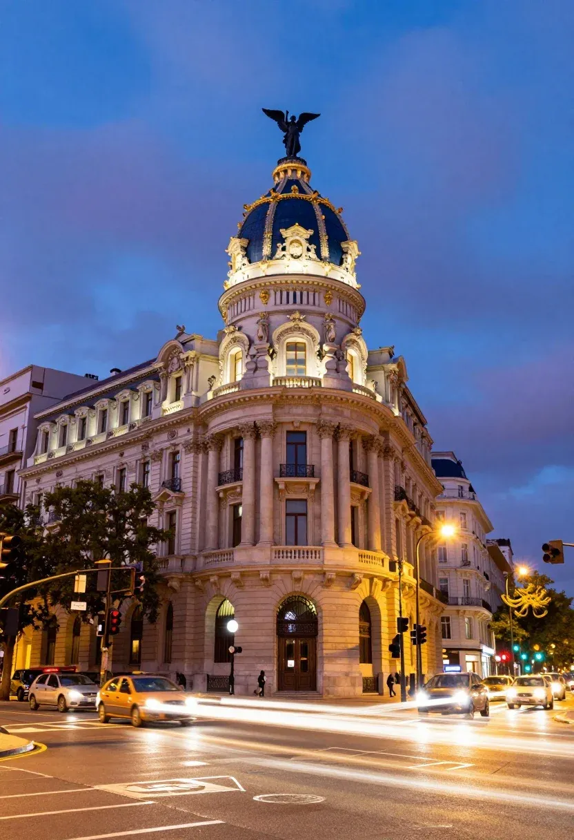 Majestic Cityscape Twilight Featuring Ornate Historic Building With Blue Dome