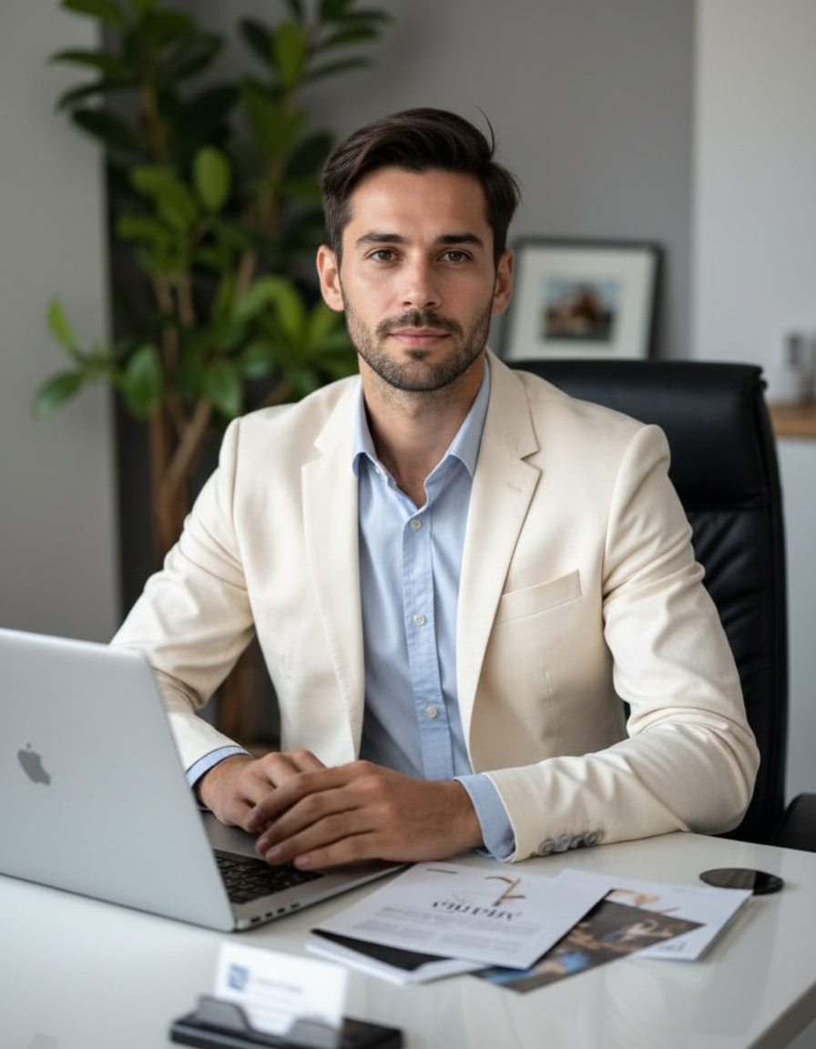 Realistic professional portrait of a man at an office desk, confidently seated with a laptop and documents, elegant lighting.