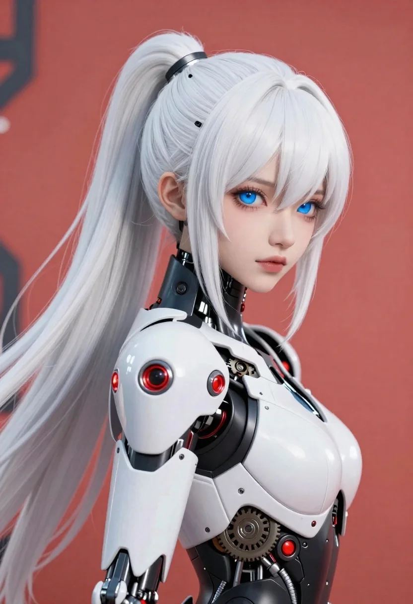 Subject Cybernetic Female Android With Pale Skin And Long White reference photo