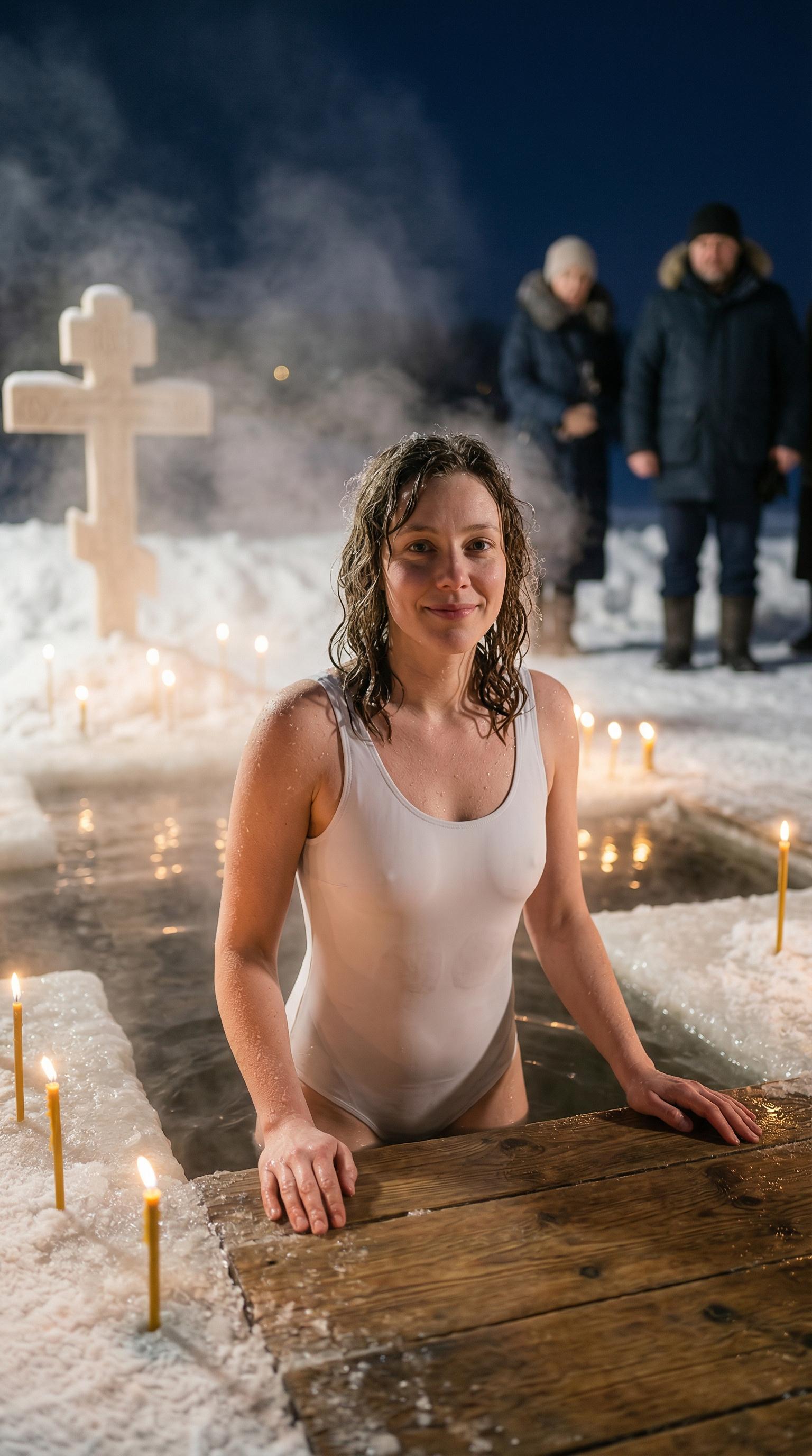 Woman emerging from icy river in a traditional white swimsuit, water droplets on skin, serene expression amidst winter scenery.