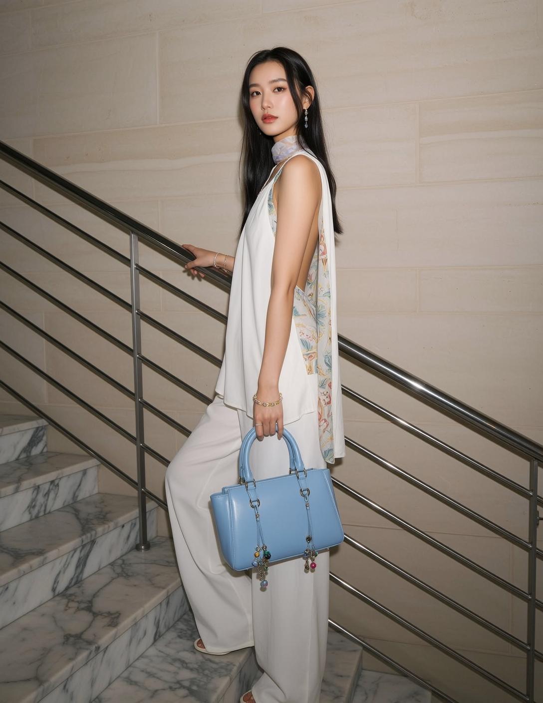 Explore Stands Marble Staircase Her Body Angled