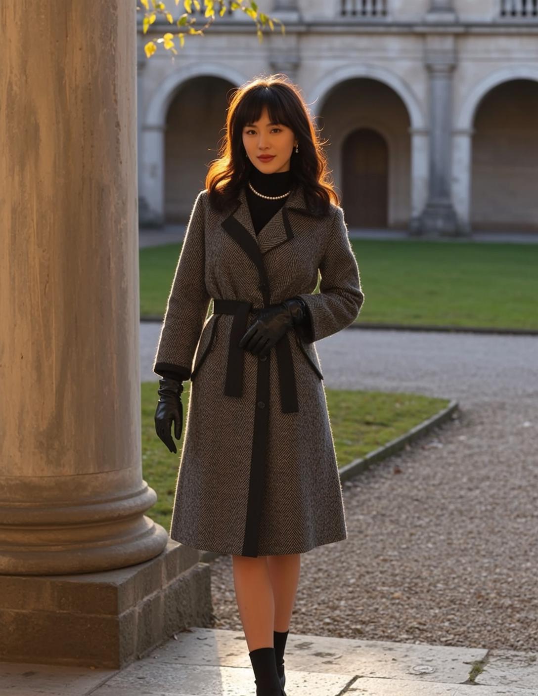 Herringbone Coat Pearl Necklace Courtyard