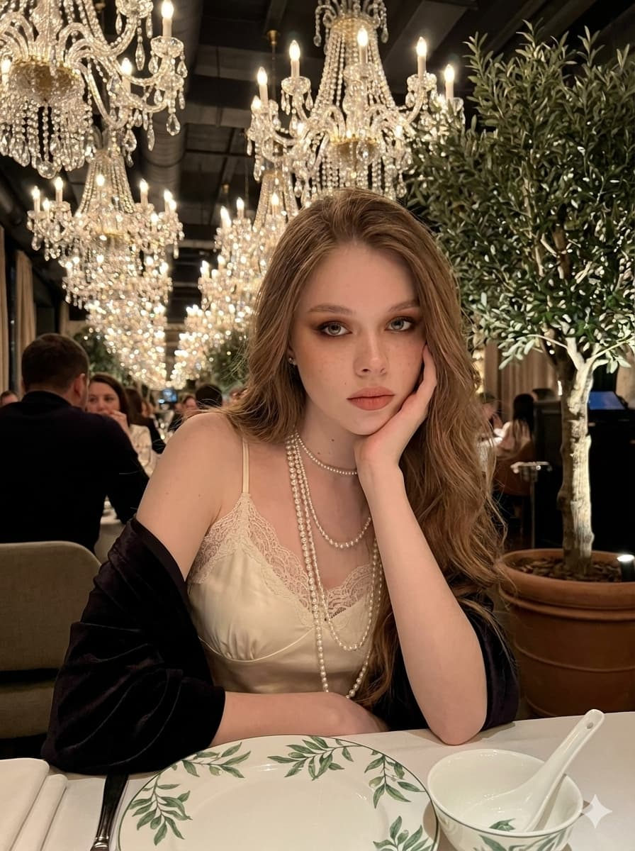 A woman with long waves of hair in an upscale restaurant, seated at a dining table, illuminated by crystal chandeliers.