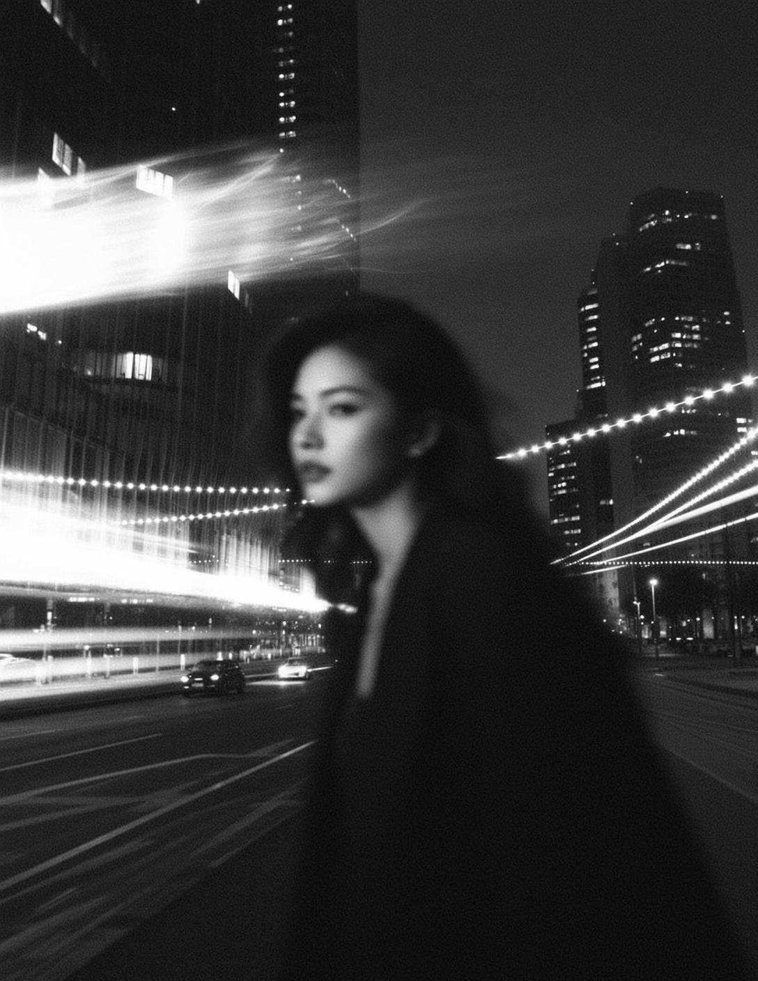 Black And White Medium Shot Portrait Young Woman With Dark