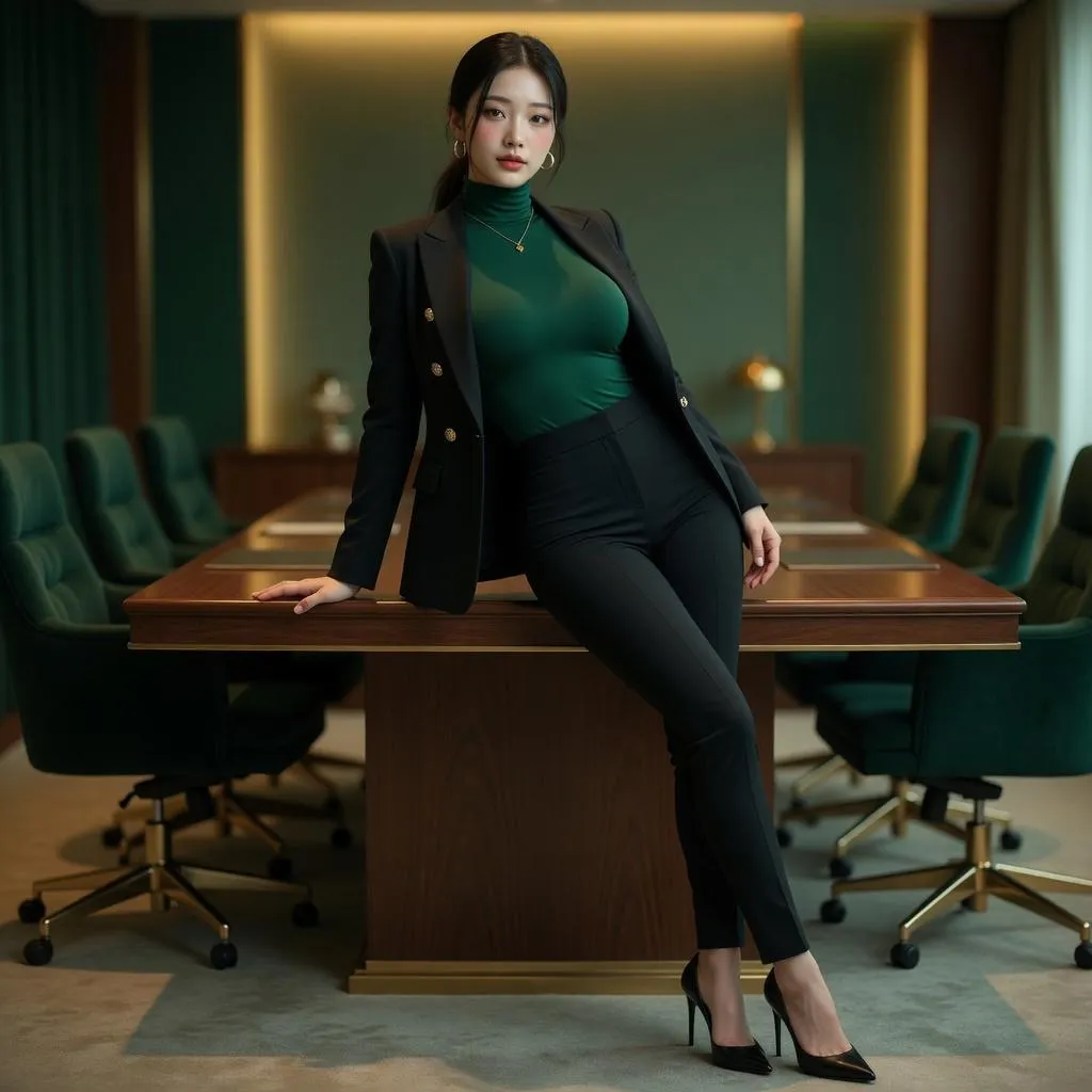 Green Turtleneck Black Blazer Boardroom Pose