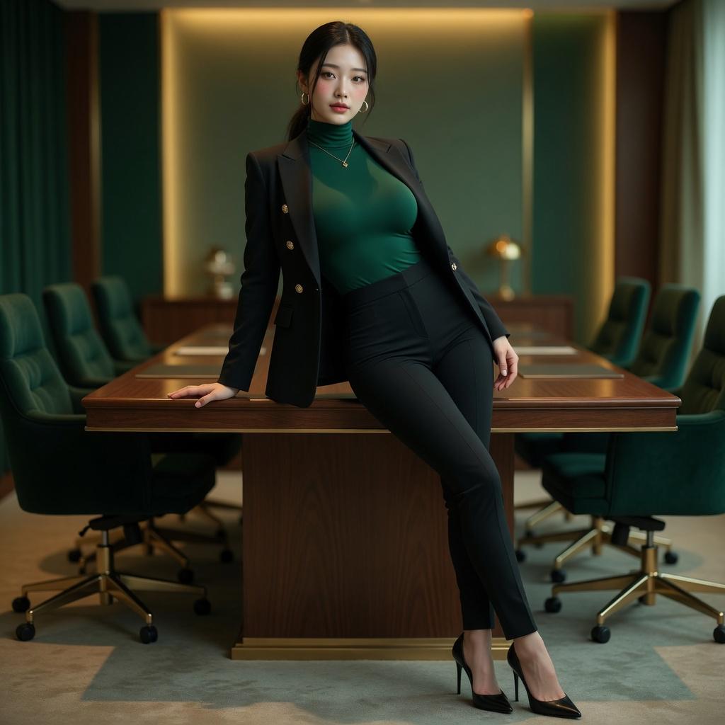 Green Turtleneck Black Blazer Boardroom Pose