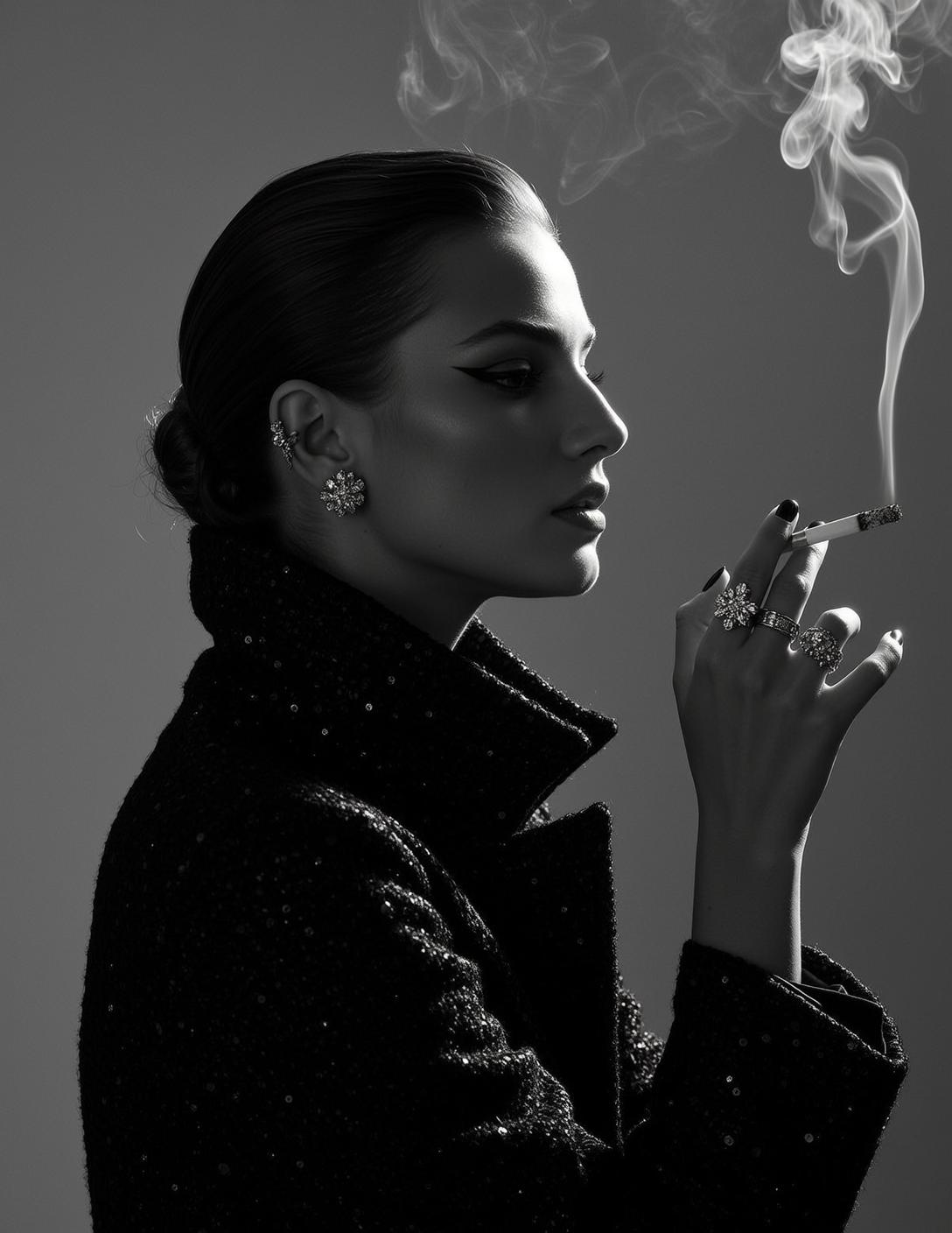 Photorealistic Medium Shot Portrait Woman Profile Holding Cigarette And Exhaling