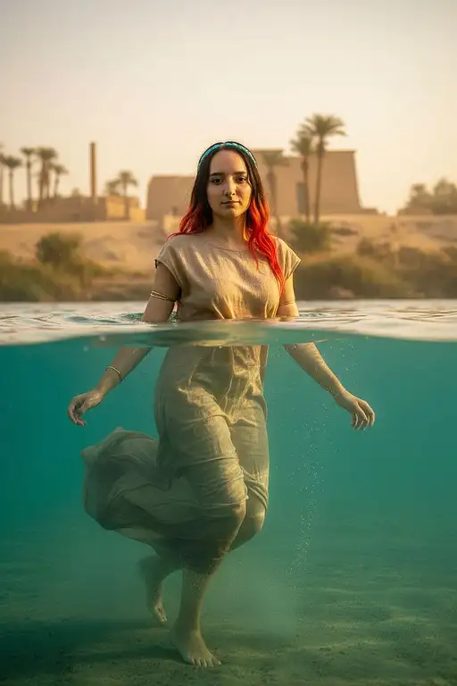 Ultra-photorealistic Dslr Photo Sahira Young Egyptian Queen Captured Water Level