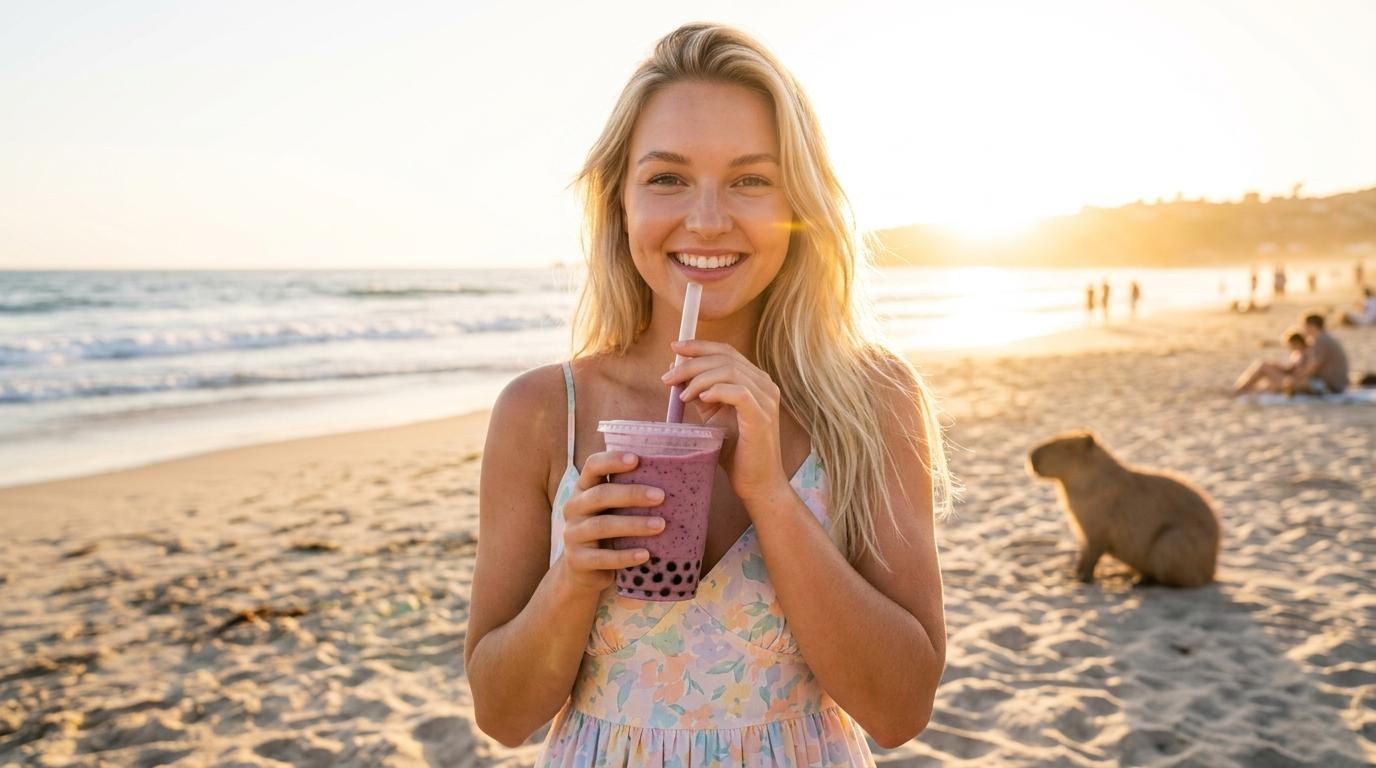 Smiling With Bubble Tea On Sandy Beach Golden Hour