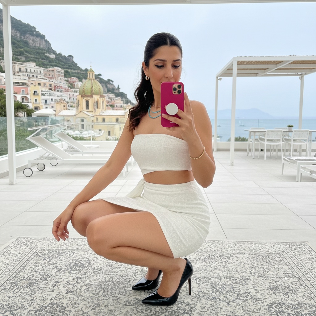 A young woman in a sleek ponytail and elegant makeup taking a mirror selfie on a luxurious terrace.
