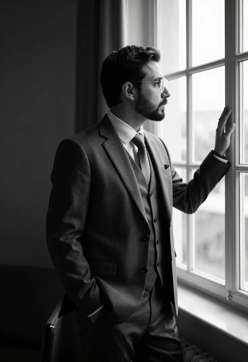 Black And White Portrait Man Suit Looking Out Window Subject