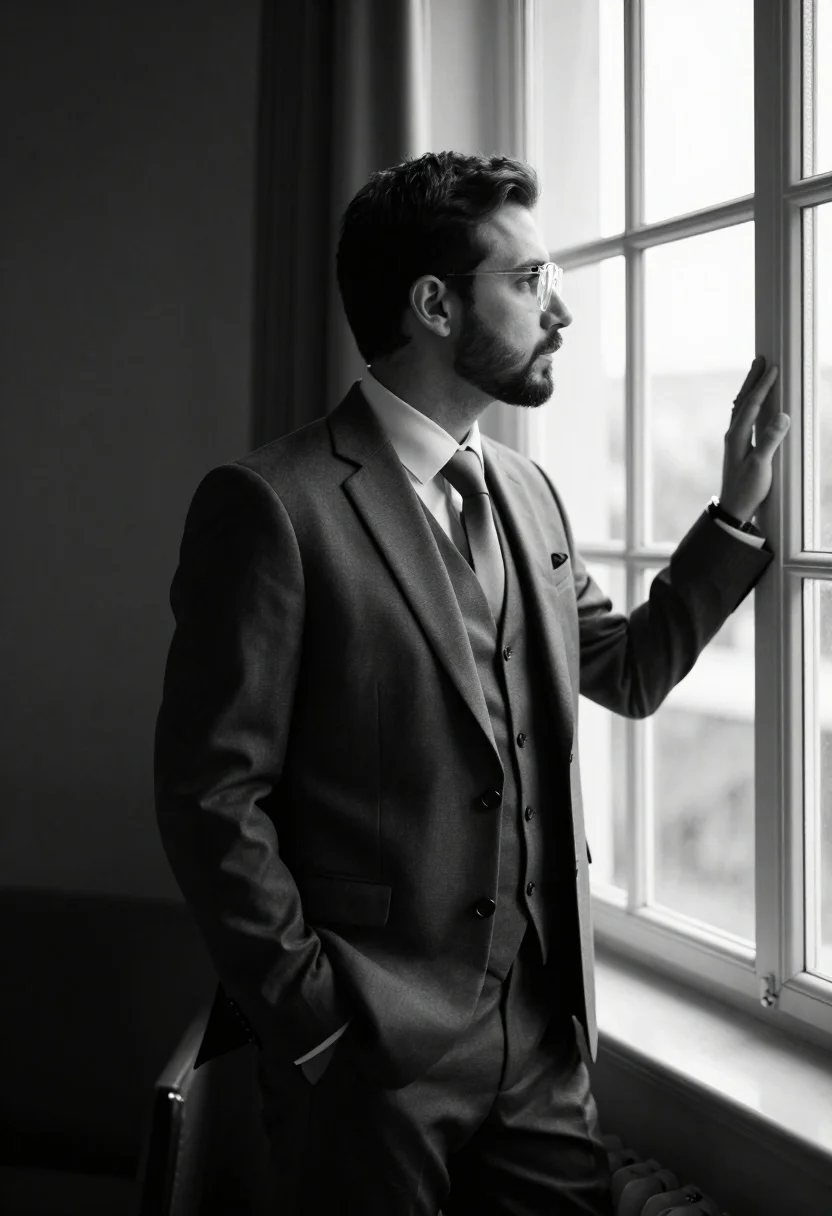 Black And White Portrait Man Suit Looking Out Window Subject