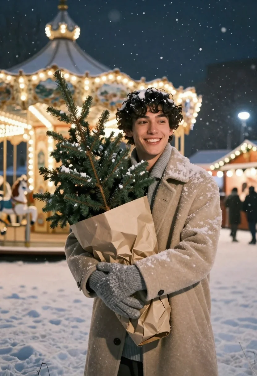 Smiling Young Man Stands Snowy Outdoor Setting Night Holding Small