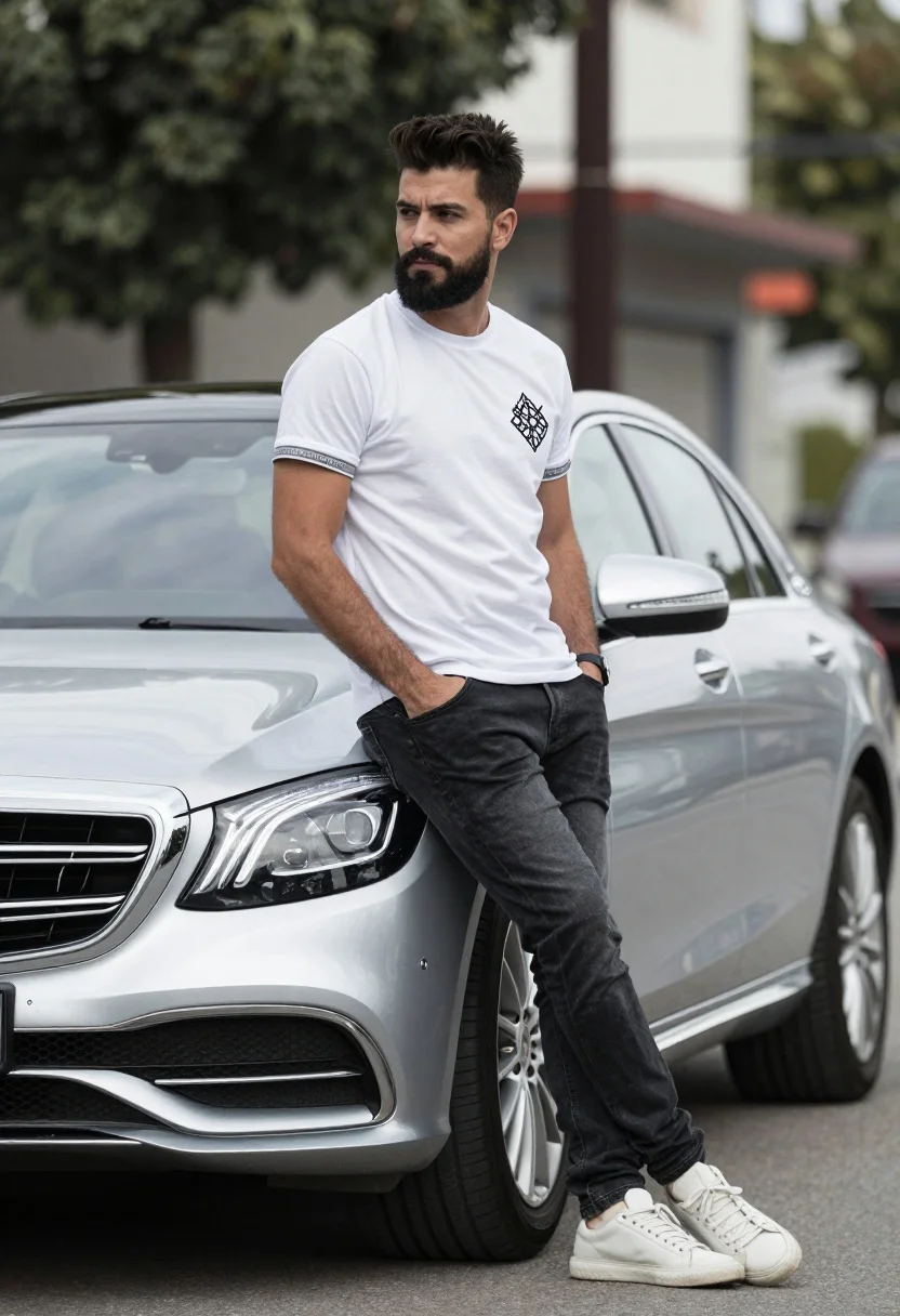 A man leaning casually against a silver Mercedes-Benz in soft daylight, showcasing a high-quality outdoor shot.