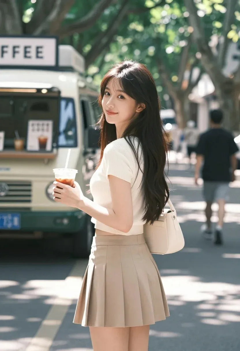 Young Woman With Long Dark Hair Stands Profile Looking Back