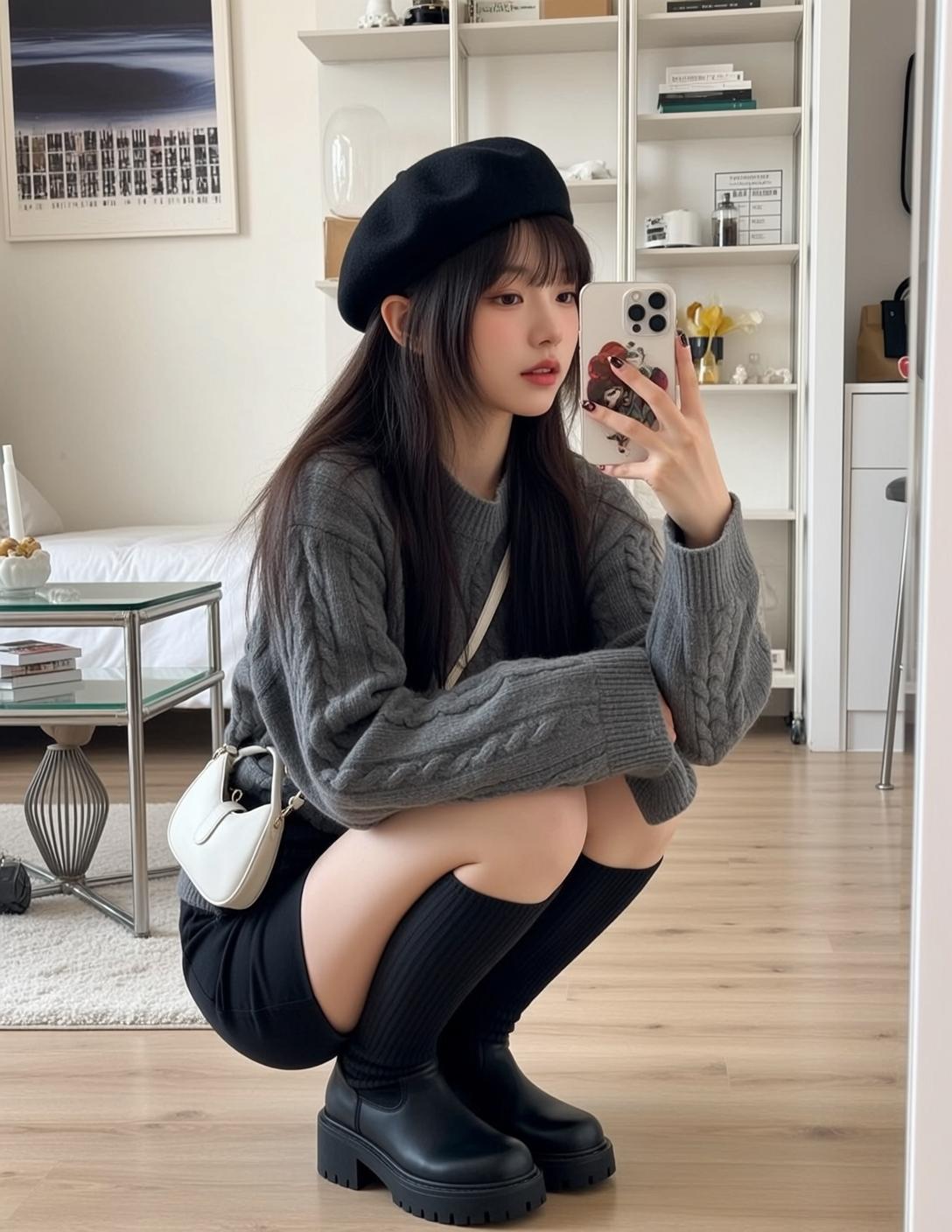Acubi Crouching Taking Selfie Mirror Her Head