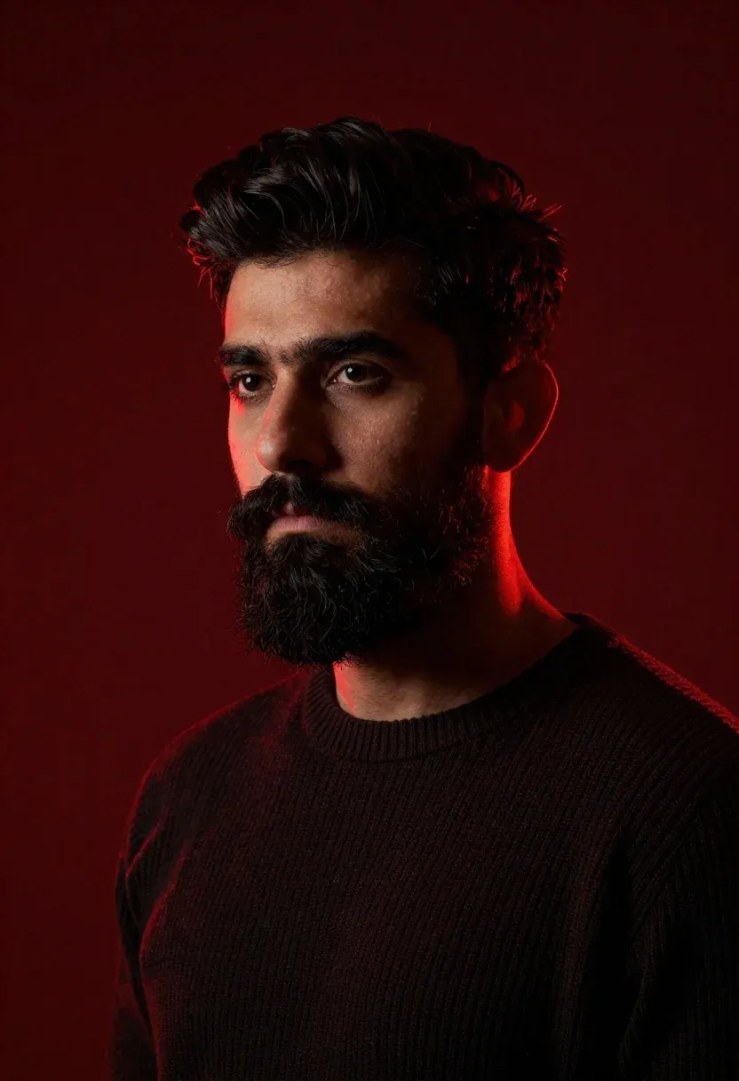Moody Portrait Man With Dark Hair And Full Beard Looking