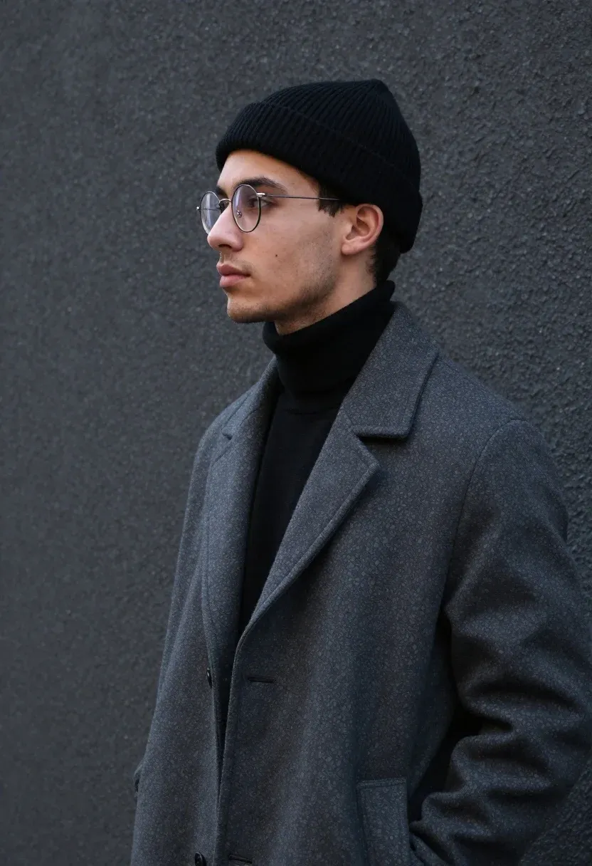 Young Man Stands Profile Against Dark Textured Wall Subject Handsome