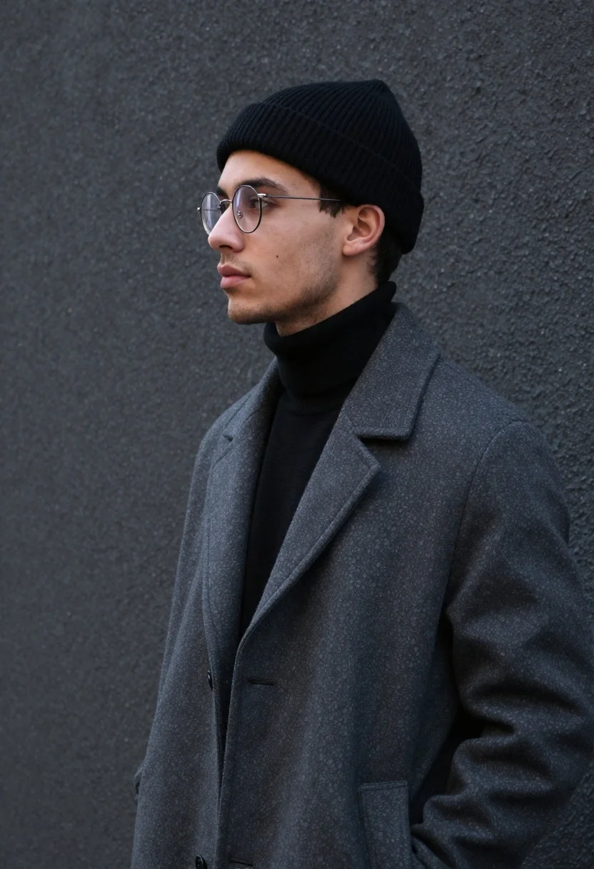 Young Man Stands Profile Against Dark Textured Wall Subject Handsome