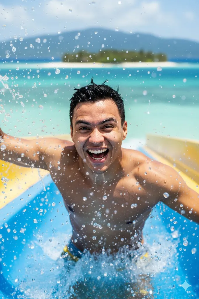 Man On Water Slide In Paradise