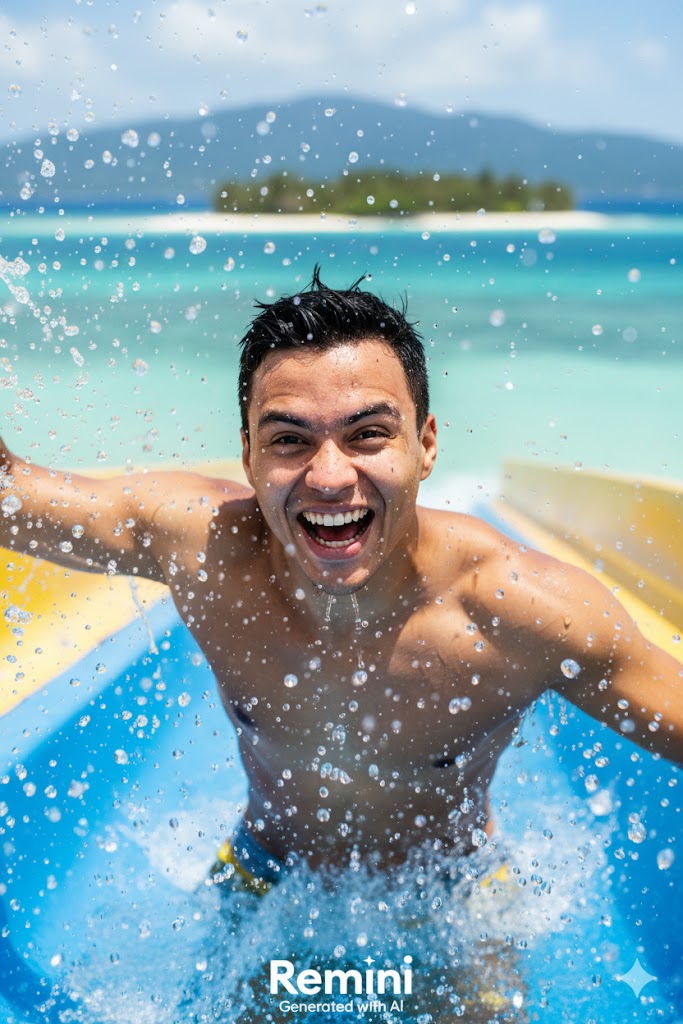 Um retrato hiper realista de um rosto sorridente em um toboágua, com mar azul ao fundo e respingos d'água visíveis.