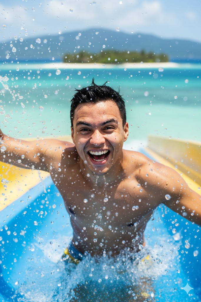Um retrato hiper realista de um rosto sorridente em um toboágua, com mar azul ao fundo e respingos d'água visíveis.