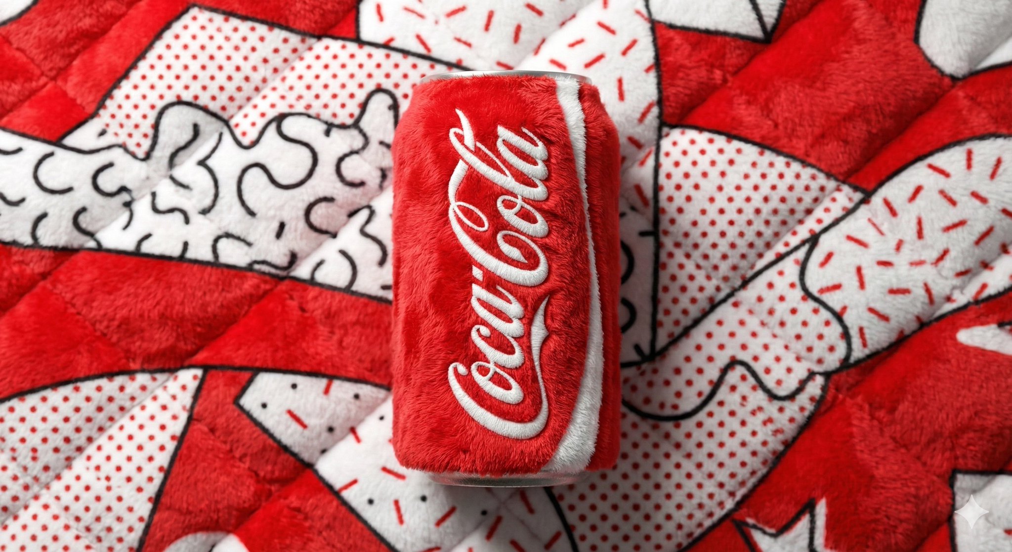 A plush beverage can crafted from vibrant fabric, showcasing its soft texture against a plush background.