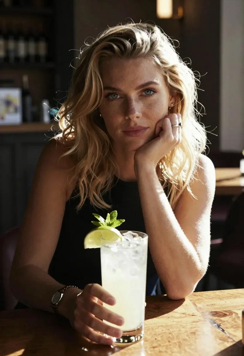 Woman With Wavy Blonde Hair Rests Her Chin Her Hand