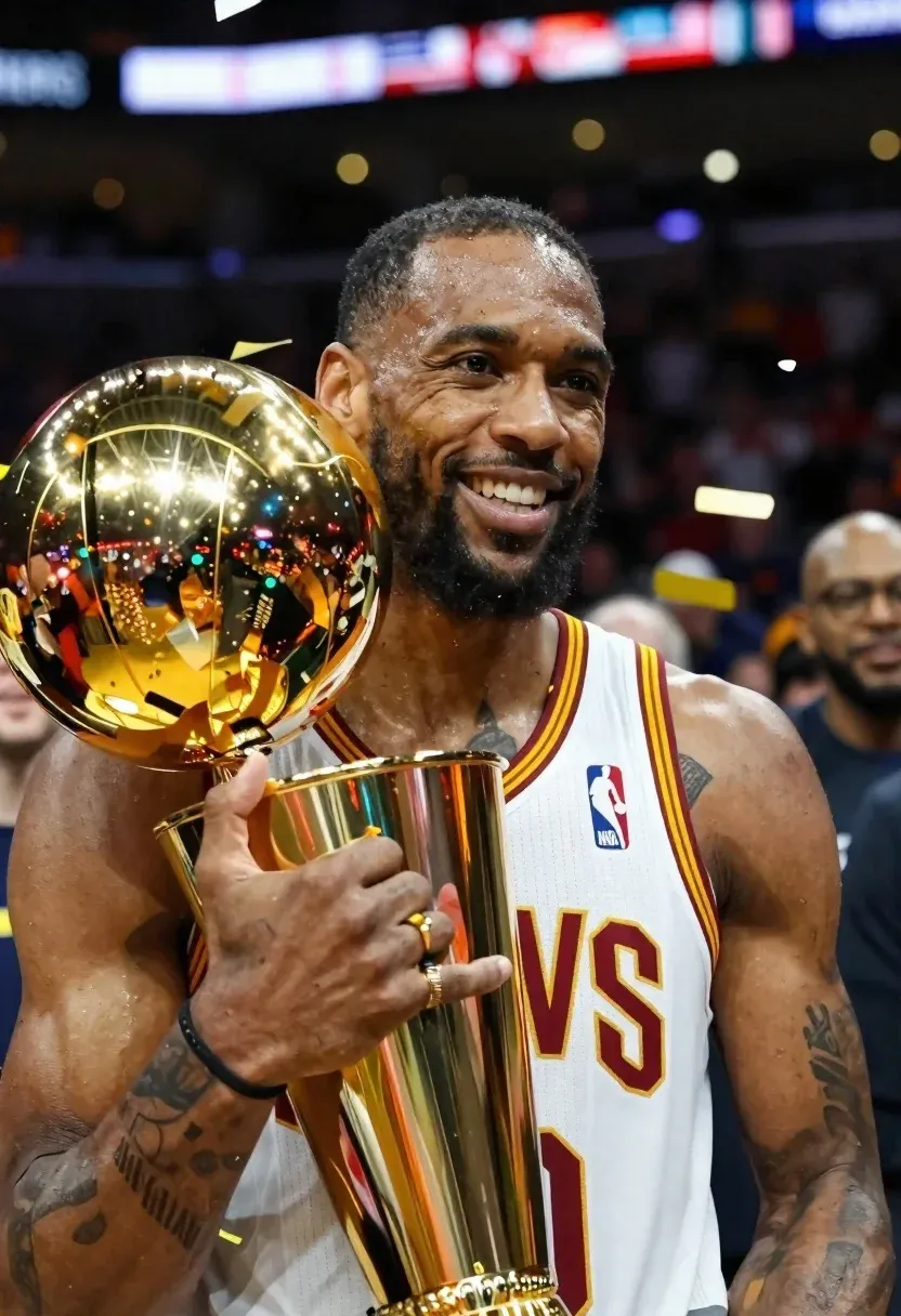 Photorealistic Close-up Smiling Basketball Player Holding The Larry Brien Championship