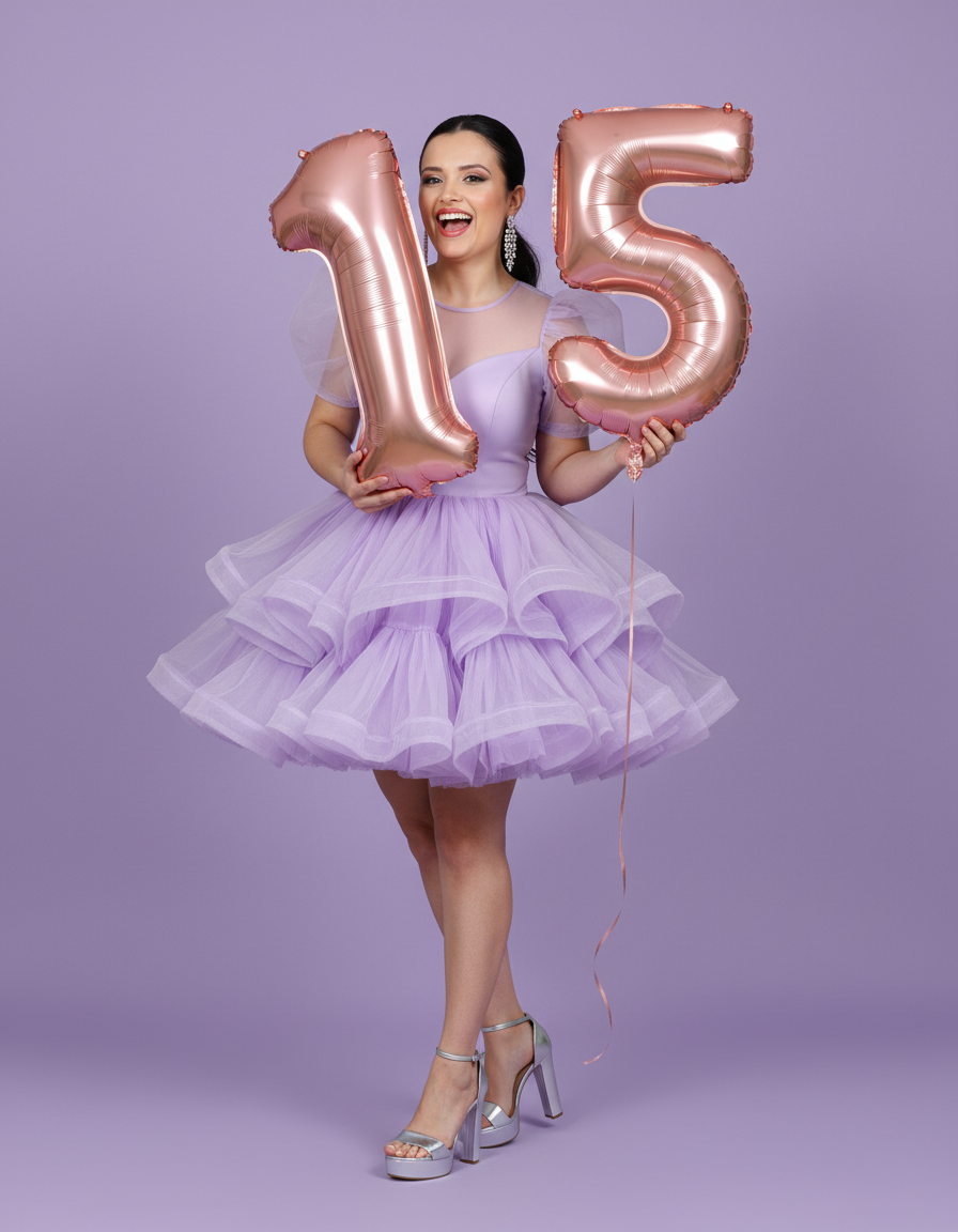 A young girl in a lilac party dress holds a rose gold '15' balloon, smiling joyfully in a studio setting.