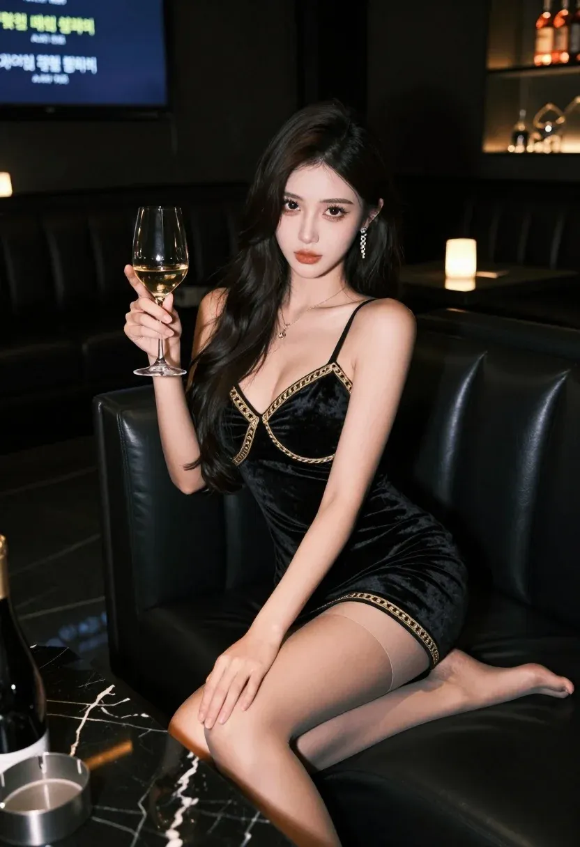 Woman With Long Dark Hair Sits Black Leather Sofa Holding