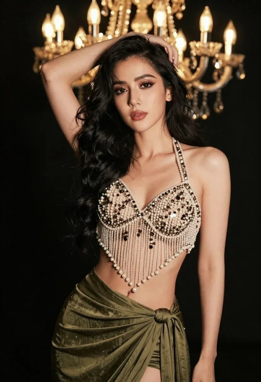 Glamorous Woman Posing Confidently Against Dark Background With Ornate Chandeliers