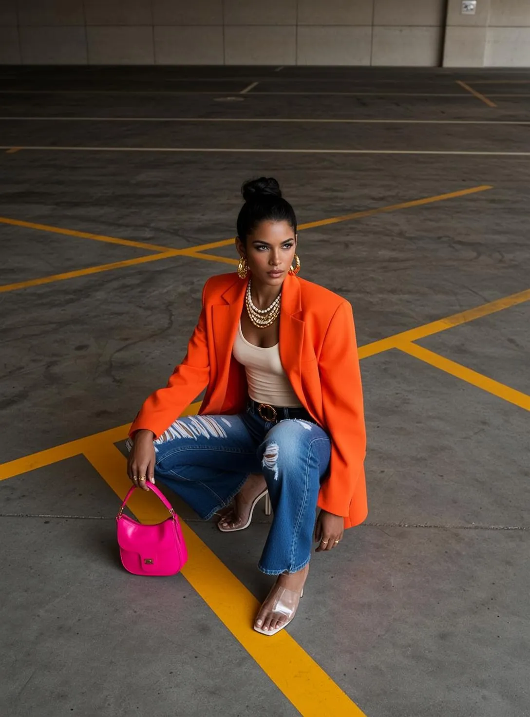 Earrings And Necklace And Rings In Empty Parking Garage