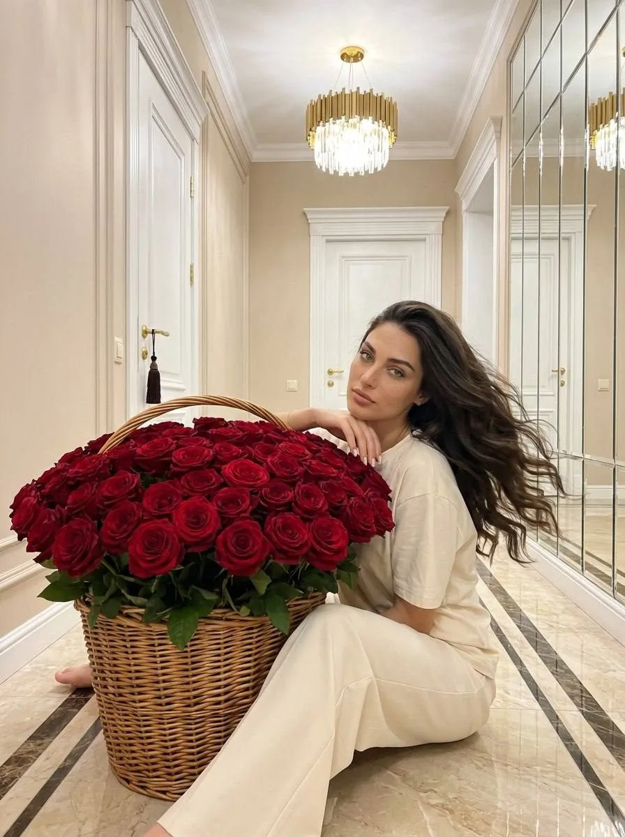 Realistic Woman Long Wavy Hair Flowers Hallway