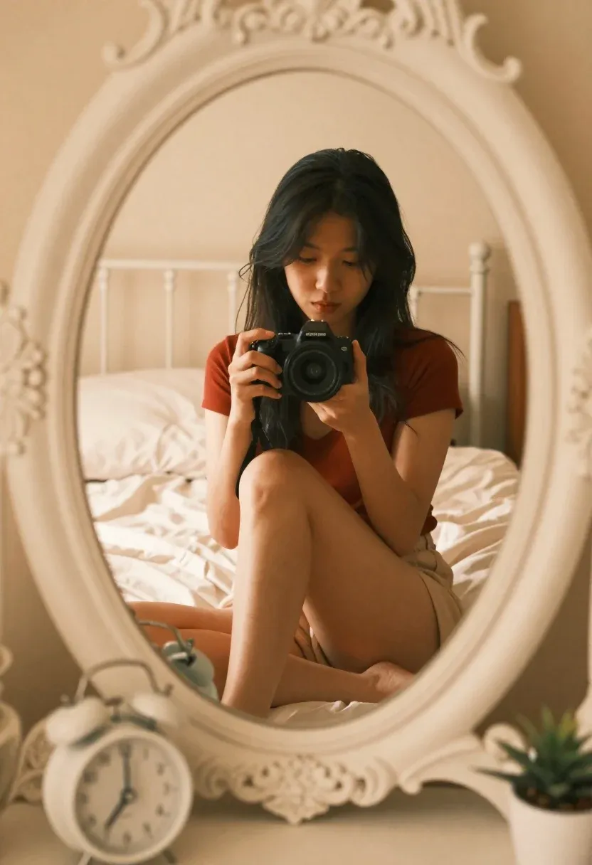 Warm Intimate Reflection Woman Sitting Bed Holding Camera Framed Within