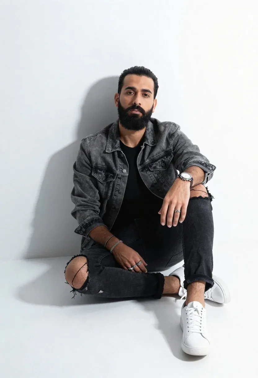 Studio Portrait Man Sitting The Floor All-white Minimalist Space Subject