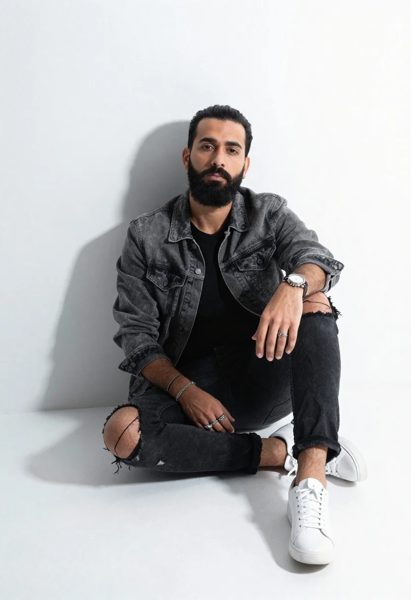 Studio Portrait Man Sitting The Floor All-white Minimalist Space Subject reference photo